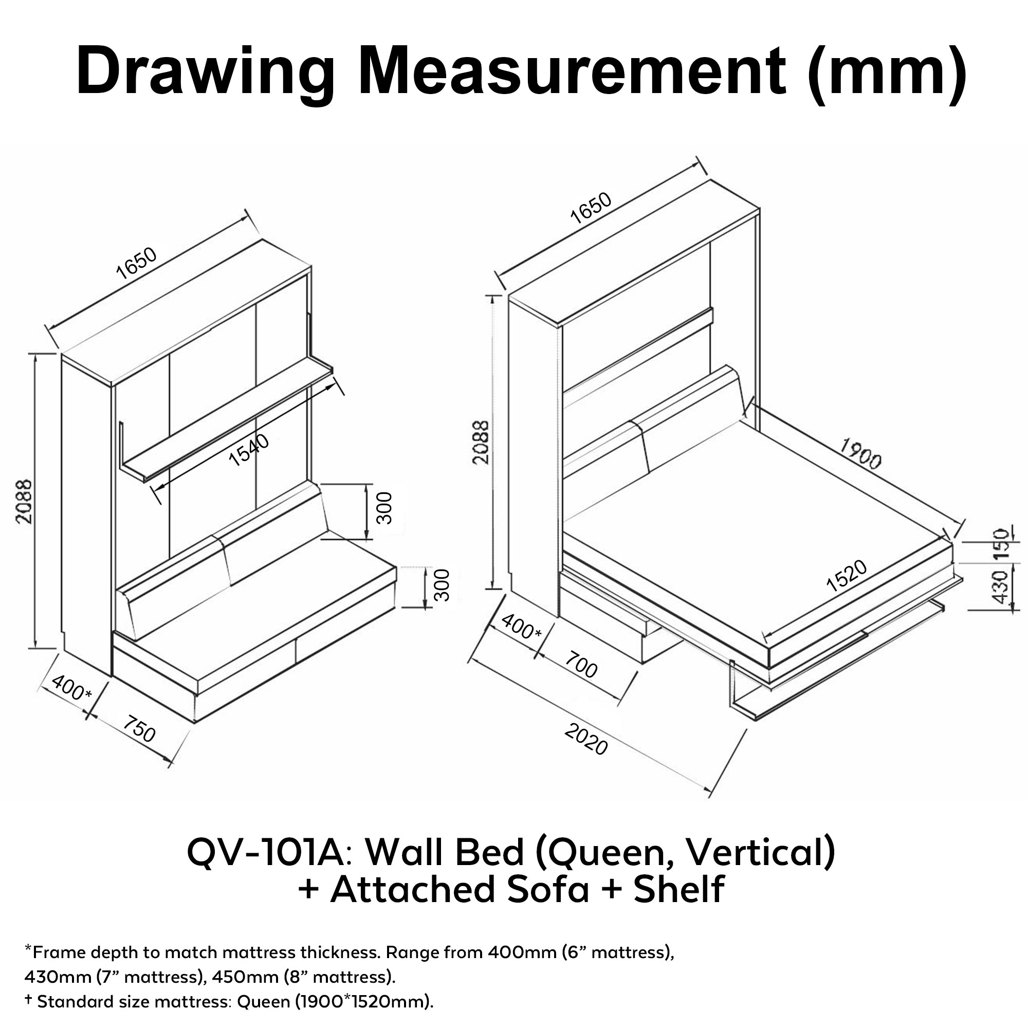 Shelf + Attached Sofa + Queen Vertical Hidden Wall Bed, Space Saving ...
